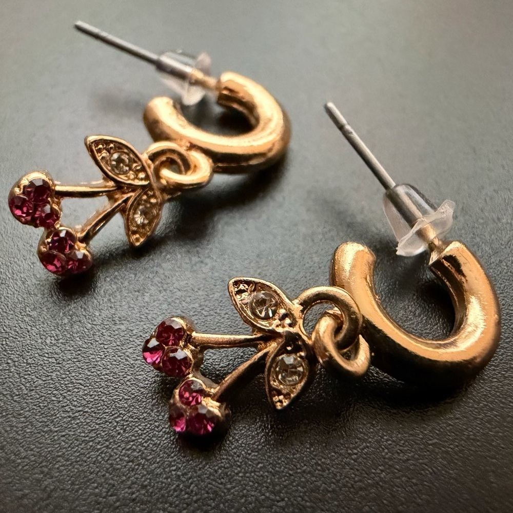Gold and Pink Cherry Huggie Earrings
